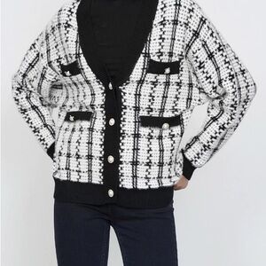 Women's Black and White Plaid Cardigan